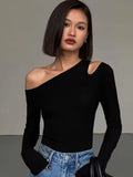 T-shirts à manches longues et col asymétrique pour femme, tendance, printemps