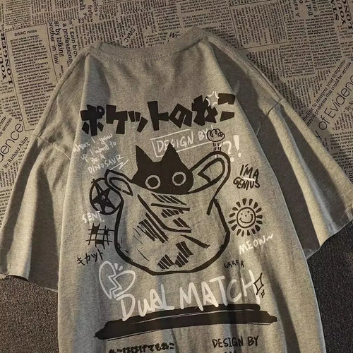 Summer Japanese Retro Pocket Cat Cartoon Printed Short Sleeve T-shirt