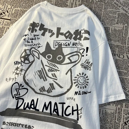 Summer Japanese Retro Pocket Cat Cartoon Printed Short Sleeve T-shirt
