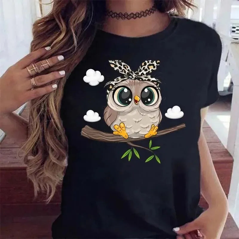 T-shirt imprimé hibou dessin animé pour femme, style kawaii, décontracté et court