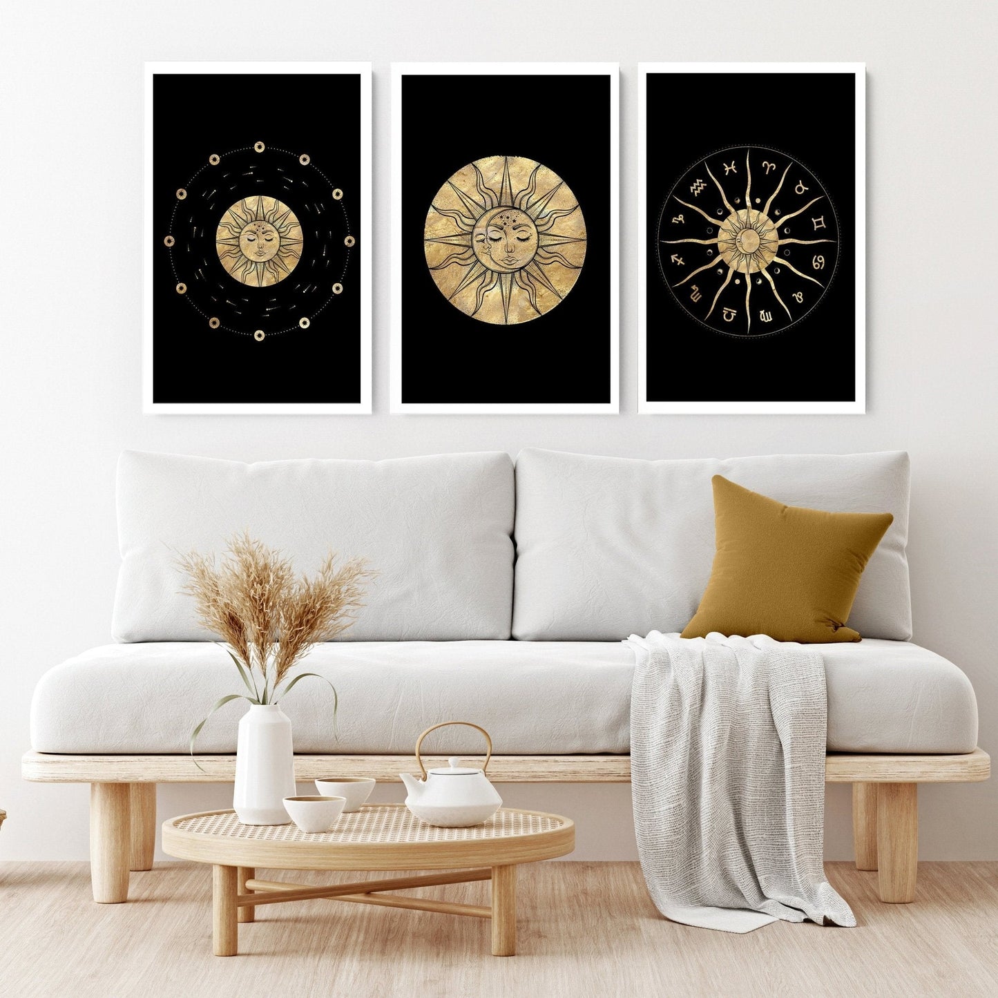 Dessin soleil et lune | lot de 3 tableaux muraux encadrés