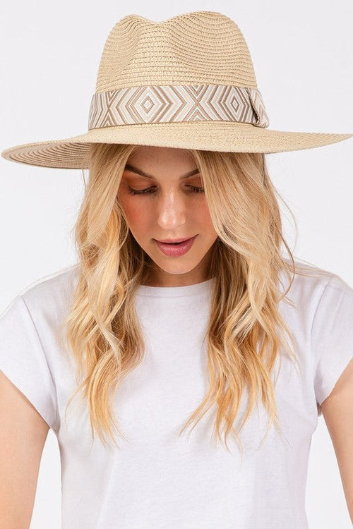Aztec Jacquard Ribbon Straw Fedora Hat