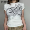 CIBBAR Retro Graphic Crop Top White Short Sleeve O Neck Casual T Shirt
