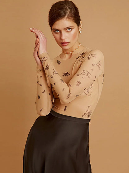 Sexy tight-fitting one-piece Top Women Long-Sleeved Bodysuits O-Neck