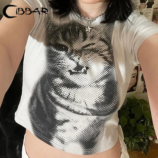 CIBBAR Harajuku Animal Print Crop Top Basic White Short Sleeve