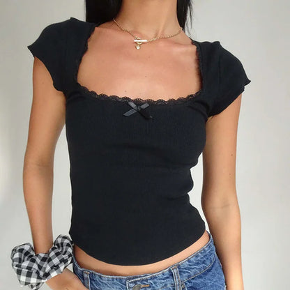 y2k Vintage Baby Tee Cottage Lace Trim Knitted T-Shirt Summer Square