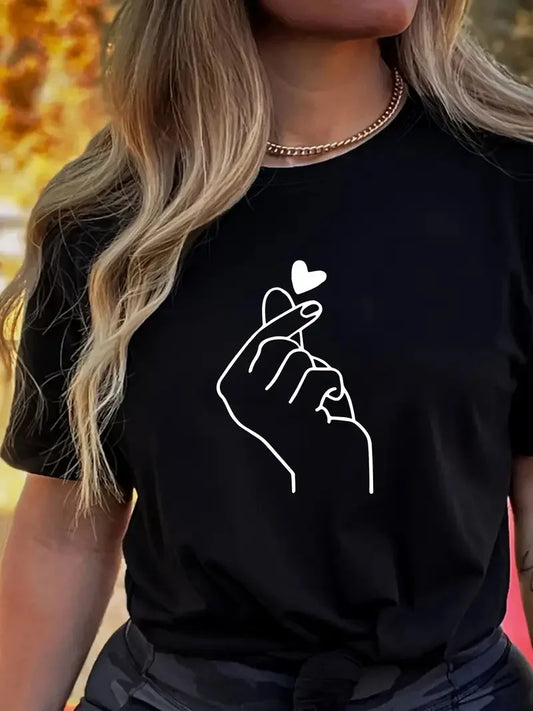 Cute Print Solid Crew Neck T-Shirt, Short Sleeve Casual Every Day Top
