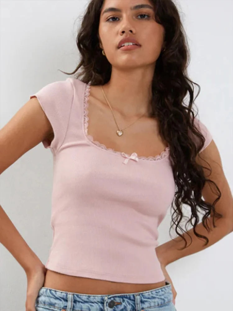 y2k Vintage Baby Tee Cottage Lace Trim Knitted T-Shirt Summer Square