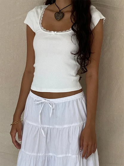 y2k Vintage Baby Tee Cottage Lace Trim Knitted T-Shirt Summer Square