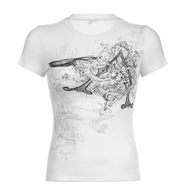 CIBBAR Retro Graphic Crop Top White Short Sleeve O Neck Casual T Shirt