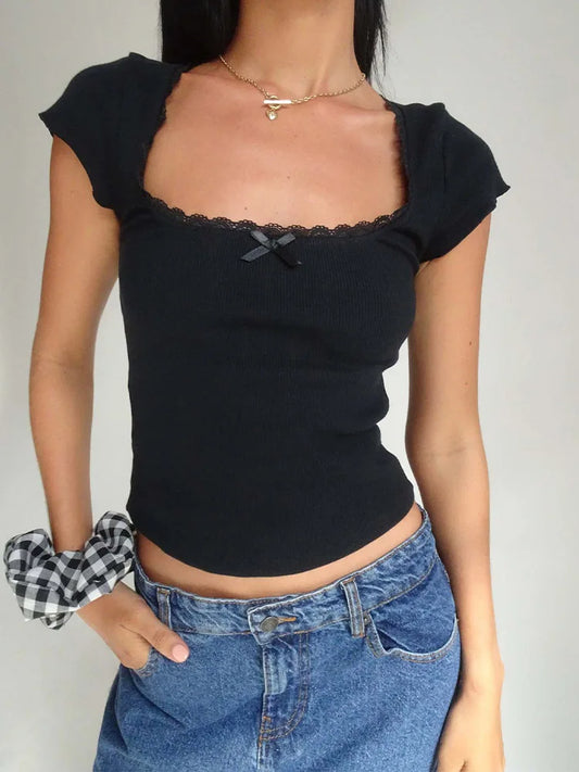 y2k Vintage Baby Tee Cottage Lace Trim Knitted T-Shirt Summer Square