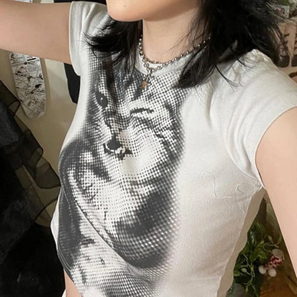 CIBBAR Harajuku Animal Print Crop Top Basic White Short Sleeve