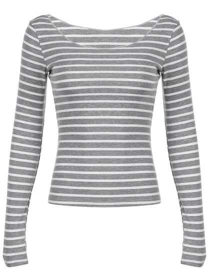 Sweetown Japanese Basic Slim Long Sleeve Stripe Tee Off Shoulder O