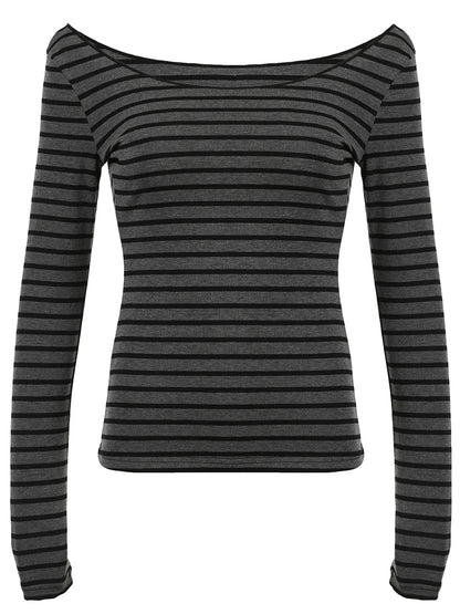 Sweetown Japanese Basic Slim Long Sleeve Stripe Tee Off Shoulder O