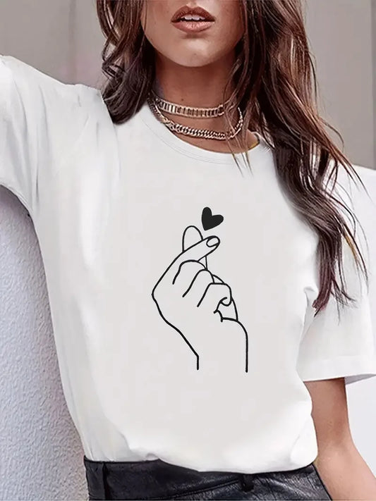 Cute Print Solid Crew Neck T-Shirt, Short Sleeve Casual Every Day Top