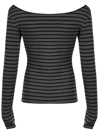 Sweetown Japanese Basic Slim Long Sleeve Stripe Tee Off Shoulder O