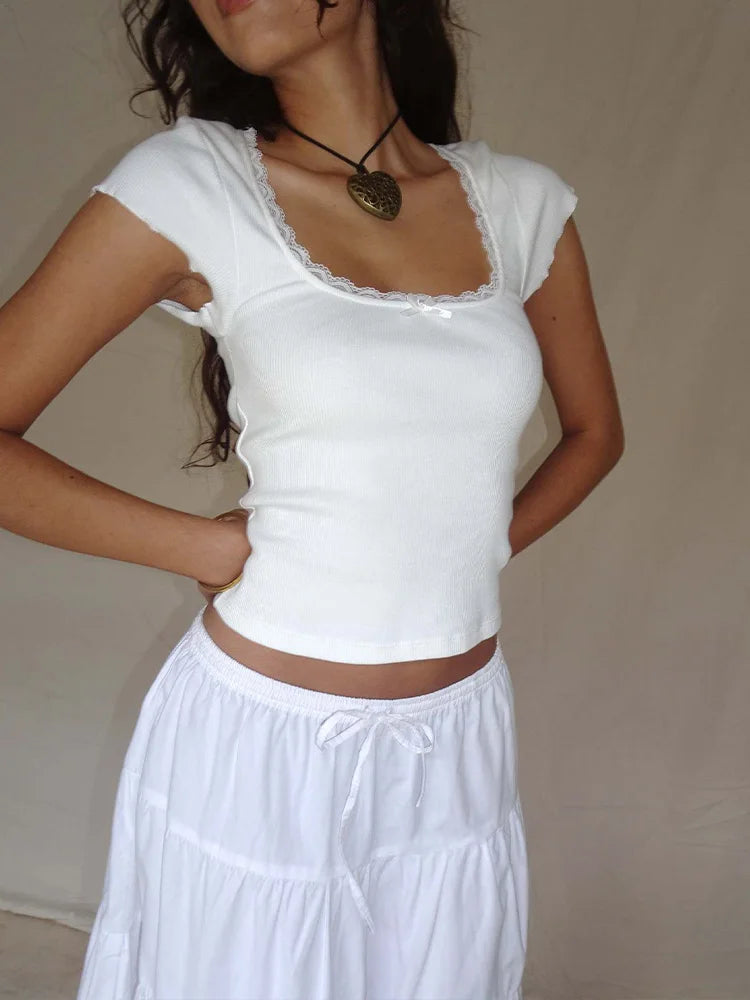 y2k Vintage Baby Tee Cottage Lace Trim Knitted T-Shirt Summer Square