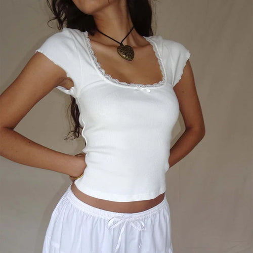 y2k Vintage Baby Tee Cottage Lace Trim Knitted T-Shirt Summer Square