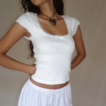 y2k Vintage Baby Tee Cottage Lace Trim Knitted T-Shirt Summer Square