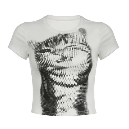 CIBBAR Harajuku Animal Print Crop Top Basic White Short Sleeve