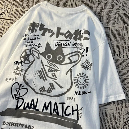 Summer Japanese Retro Pocket Cat Cartoon Printed Short Sleeve T-shirt