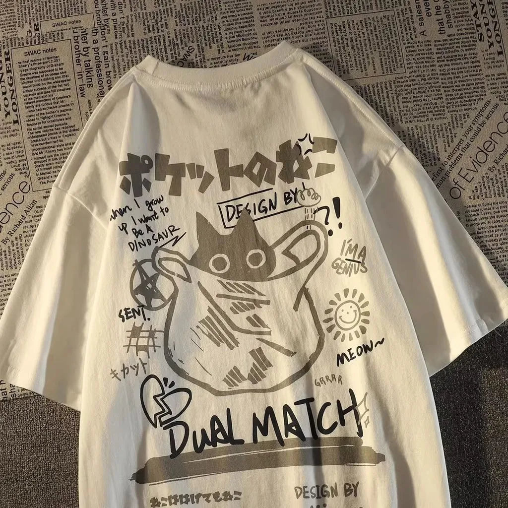 Summer Japanese Retro Pocket Cat Cartoon Printed Short Sleeve T-shirt