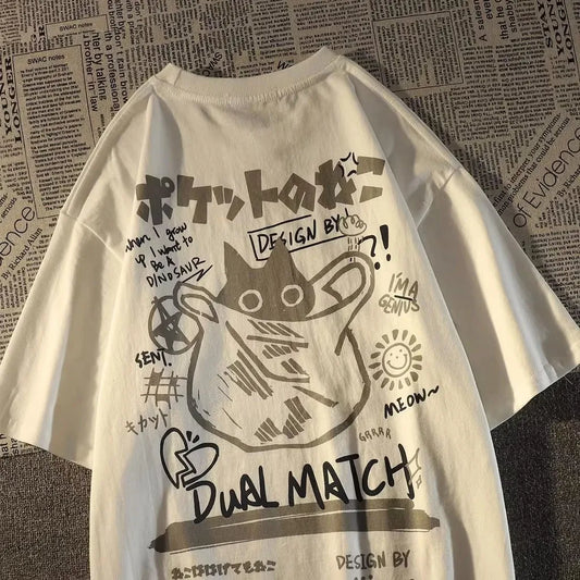 Summer Japanese Retro Pocket Cat Cartoon Printed Short Sleeve T-shirt