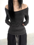 Sweetown Japanese Basic Slim Long Sleeve Stripe Tee Off Shoulder O