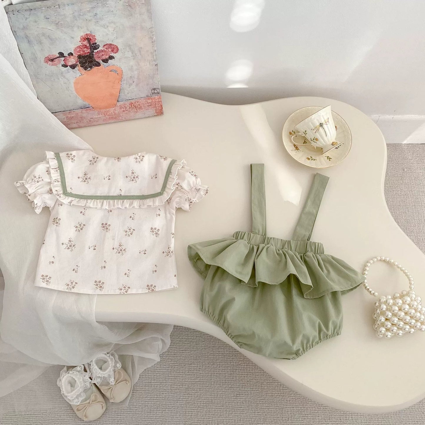 Haut à manches courtes et grenouillère à motif floral pour bébé fille 