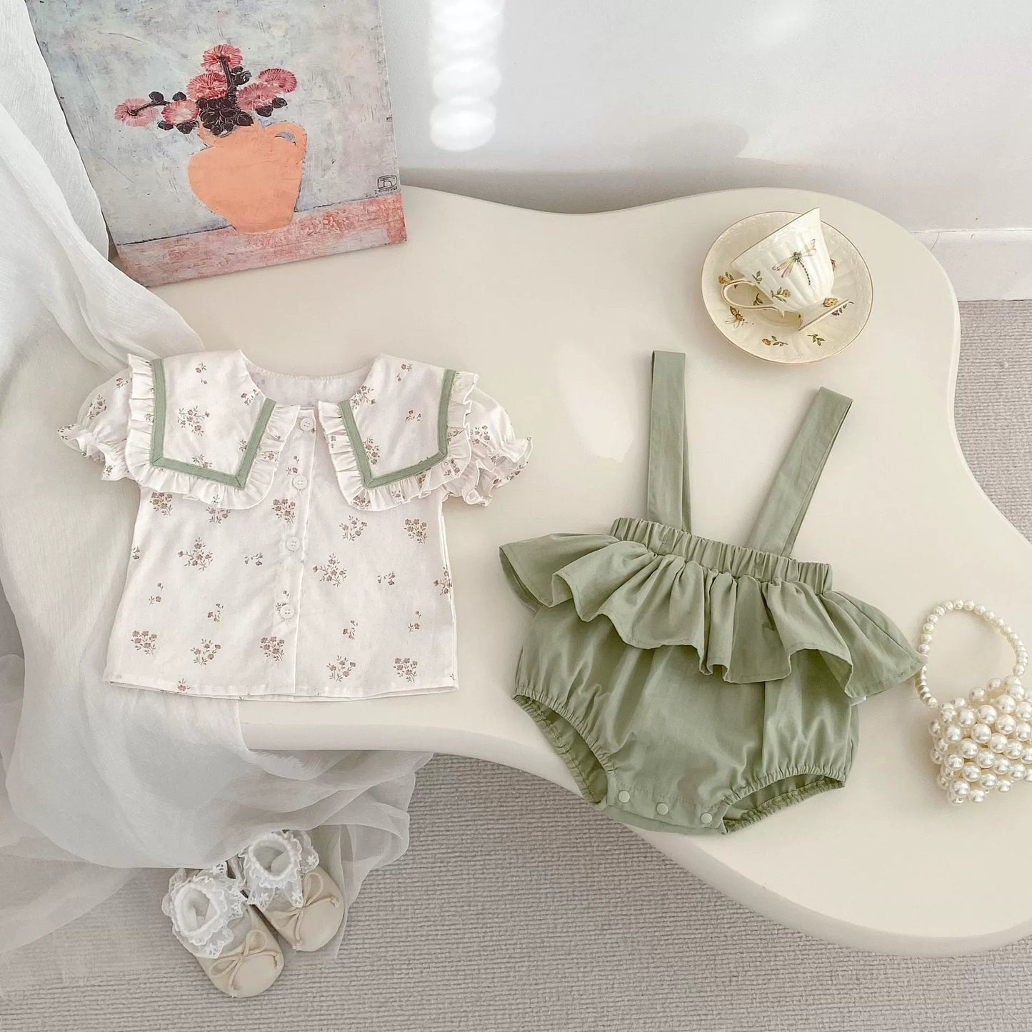 Haut à manches courtes et grenouillère à motif floral pour bébé fille 