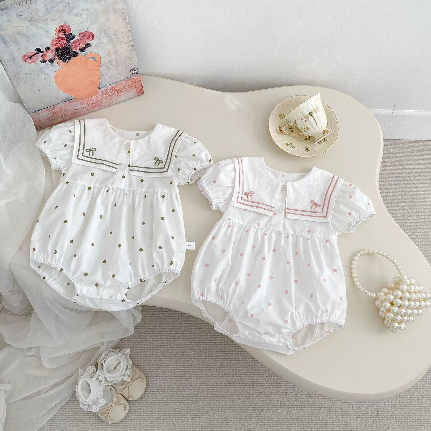 Été Arrivée Bébé Filles Mignon Manches Courtes Col Rond Motif Pois 